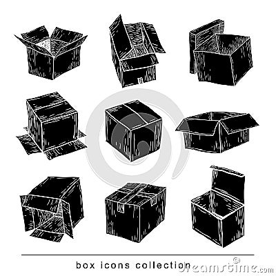 Boxes collection, doodles set. vector illustration.black color Vector Illustration