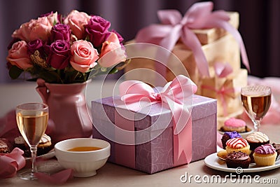 Boxes containing thoughtful presents, accompanied by the beauty of flowers and the warm glow of candles Stock Photo