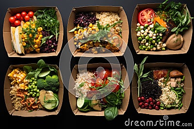 Boxes filled with different types of food, offering a wide range of delectable options for all tastes., Restaurant healthy food Stock Photo