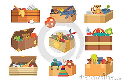 Boxes full kid toys cartoon cute graphic play childhood baby room container vector illustration Vector Illustration