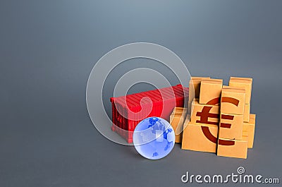 Boxes of goods and Euro symbol. Production, warehousing storage and shipping logistics worldwide. World trade economy. Manufacture Stock Photo