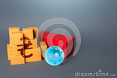 Boxes of goods and ukrainian hryvnia symbol. Stock Photo