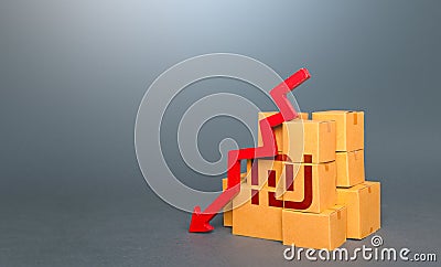 Boxes with israeli shekel symbol and down arrow. Stock Photo