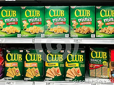 Boxes of Kebler Club Crackers for Sale at a Grocery Store Editorial Stock Photo