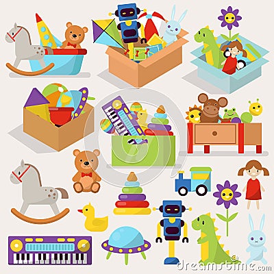 Boxes of kid toys vector illustration stuffed blocks cartoon cute graphic play childhood gift container. Vector Illustration