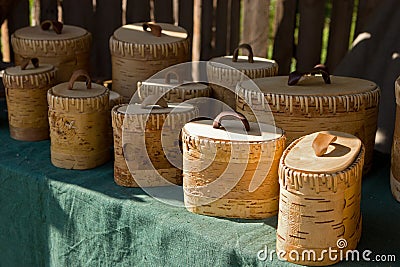 Boxes made from birchbark Stock Photo