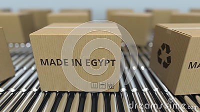 Boxes with MADE IN EGYPT text on roller conveyor. Egyptian goods related 3D rendering Stock Photo