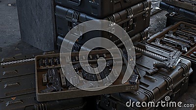 Boxes with modern weapons and ammunition in a military warehouse. 3D Rendering. Stock Photo