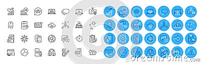 Boxes pallet, Photo location and Warning line icons pack. For web app. Color icon buttons. Vector Vector Illustration