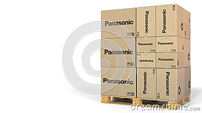 Boxes with Panasonic logo on pallet. Editorial 3D rendering Editorial Stock Photo