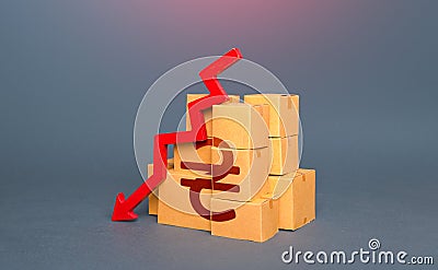 Boxes with ukrainian hryvnia symbol and arrow down. Stock Photo