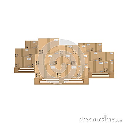 Boxes on wooded pallet. Brown closed carton delivery packaging boxes with fragile signs on wooden pallet Vector Illustration