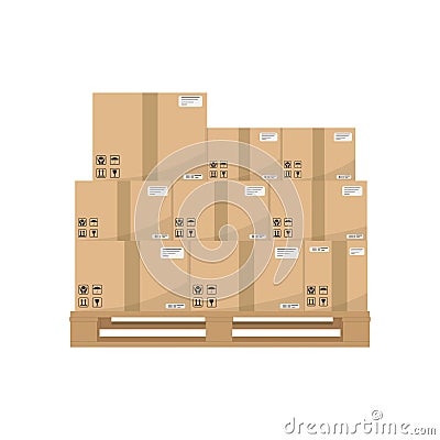 Boxes on wooded pallet. Brown closed carton delivery packaging boxes with fragile signs on wooden pallet Vector Illustration