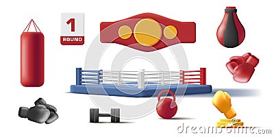 boxing attributes 3d icons of winner belt, ring and punching bags, isolated Vector Illustration