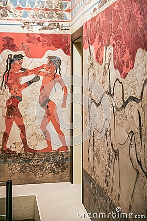 The boxing boys fresco from Thera in Museum Editorial Stock Photo