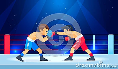 Boxing among boys on ring. Teen boxing, kickboxing children on arena. Children fight with these adult emotions Vector Illustration