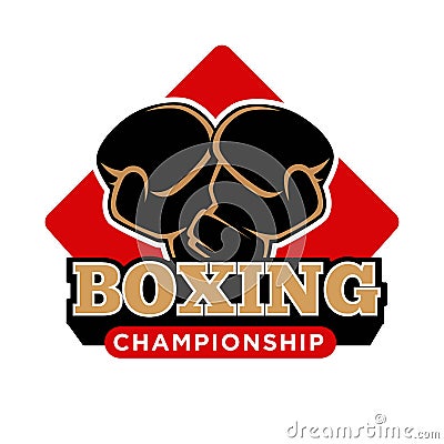 Boxing championship promotional emblem with crossed sport gloves Vector Illustration