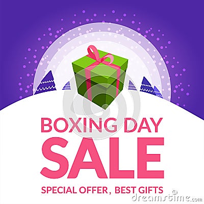 Boxing day sale design with gift box on a snow Cartoon Illustration