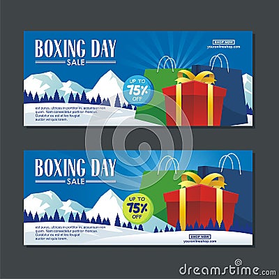 Boxing Day Sale Design with gift boxes, Paper bag, and snowy landscape Stock Photo