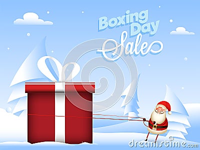 Boxing Day Sale poster design with paper cut xmas tree and illustration of santa pulling rope of gift box on snowy background Cartoon Illustration