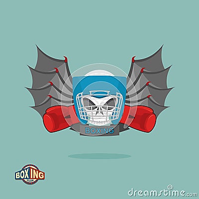 Boxing emblem, Skull in a boxing helmet with gloves, with wings Vector Illustration