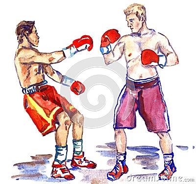 Boxing fight, athlete sends in a knockout his opponent, hand painted watercolor illustration Cartoon Illustration