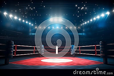 Boxing fight ring close-up. Interior view of sport arena with fans and shining spotlights. Digital sport 3D illustration. Cartoon Illustration