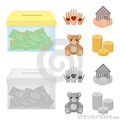 Boxing glass with donations, hands with hearts, house in hands, teddy bear for charity. Charity and donation set Vector Illustration