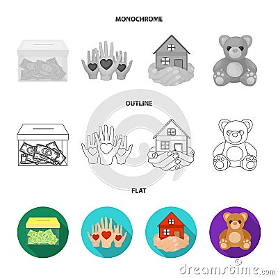 Boxing glass with donations, hands with hearts, house in hands, teddy bear for charity. Charity and donation set Vector Illustration