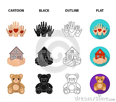 Boxing glass with donations, hands with hearts, house in hands, teddy bear for charity. Charity and donation set Vector Illustration