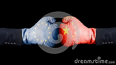 Boxing gloves with European Union and China flag. European Union versus China concept. Stock Photo