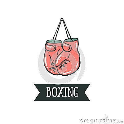 Boxing gloves on a nail vector illustration with ribbon - 'Boxing'. Vector Illustration
