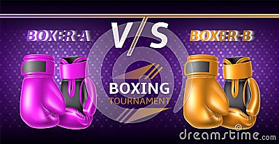 Boxing gloves poster. Realistic fight sport accessories, vs banner, different colors opponents, champion title fight Vector Illustration