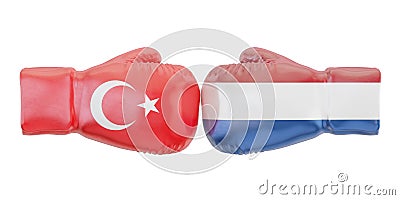 Boxing gloves with Turkey and Netherlands flags. Governments con Stock Photo