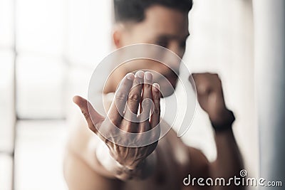 Boxing hands gesture, strong man and fight training of mma athlete, fitness power and sports gym champion. Zoom palm of Stock Photo