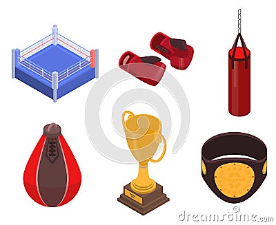 Boxing icons set, isometric style Vector Illustration