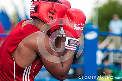 A boxing match Osleys Iglesias, Cuba and Salah Mutselkhanov, Russia. Victory Osleys Iglesias Editorial Stock Photo