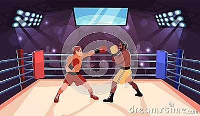 Boxing people. Fighters characters at ring, professional athletes in sparring, strong men in combat sport, Muscular men Vector Illustration
