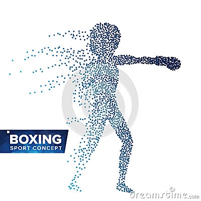 Boxing Player Silhouette Vector. Halftone Dots. Dynamic Boxing Athlete In Action. Flying Dotted Particles. Sport Banner Vector Illustration