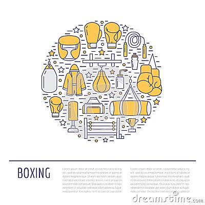 Boxing poster template. Vector sport training colored line icons, circle illustration of equipment - punchbag, boxer Vector Illustration
