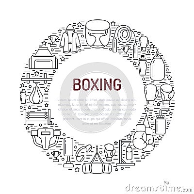 Boxing poster template. Vector sport training line icons, circle illustration of equipment - punchbag, boxer gloves Vector Illustration