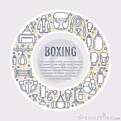 Boxing poster template. Vector sport training line icons, circle illustration of equipment - punchbag, boxer gloves Vector Illustration