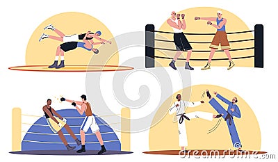 Boxing at ring. Professional athletes in sparring. Cartoon male wrestlers and boxers. Karate fight match. Sports Vector Illustration