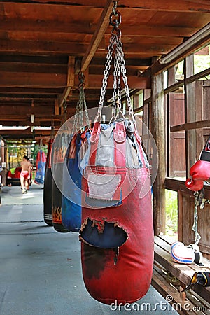 Boxing sand bags hanging Stock Photo