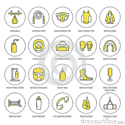 Boxing vector line icons. Punchbag, boxer gloves, ring, heavy bags, punching mitts. Sport training signs set, box Vector Illustration