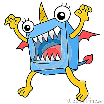 A boxy monster with sharp teeth ready to pounce, doodle kawaii. doodle icon image Vector Illustration