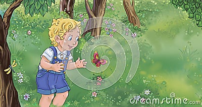 Boy abd butterfly Cartoon Illustration