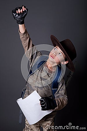 Boy acting out his favorite movie character Stock Photo