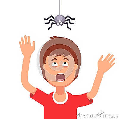 Boy afraid of a spider hanging from the top Vector Illustration