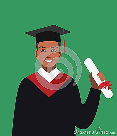 Boy afro-american graduates in the mantle. Vector illustration in flat design. Vector Illustration